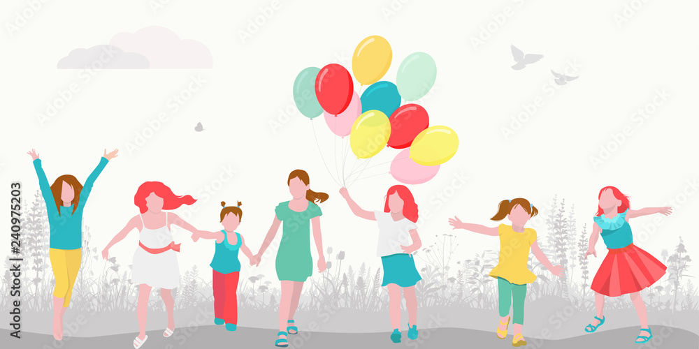 Fototapeta premium A group of children run through the grass with balloons. Vector illustration in flat style. Concept summer, birthday, joy.