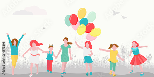 A group of children run through the grass with balloons. Vector illustration in flat style. Concept summer, birthday, joy. © Tatiana Morozova
