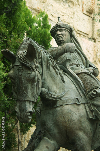 Bronze monument to Richard the Lionheart and Saladin in Jerusalem. History of the Crusades.