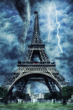 Eiffel tower during the heavy storm, rain and lighting in Paris, creative picture