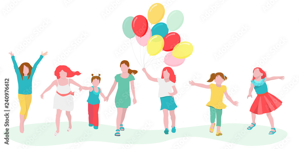A group of children run through the grass with balloons. Vector illustration in flat style isolated on white background. Concept summer, birthday, joy.