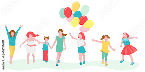 A group of children run through the grass with balloons. Vector illustration in flat style isolated on white background. Concept summer, birthday, joy. © Tatiana Morozova