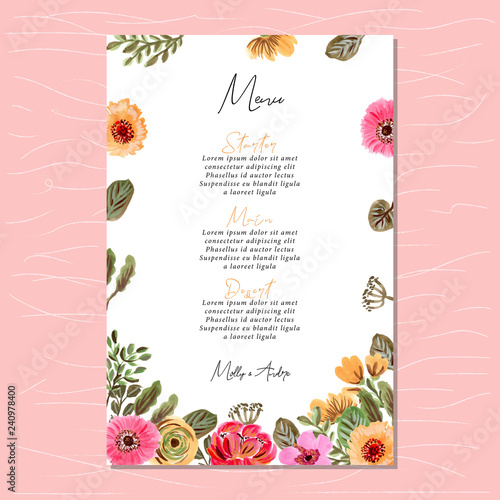 wedding menu card with floral painting frame