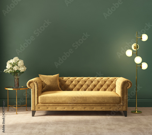 Classic elegant luxurious green interior with empty wall