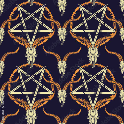 Vector seamless pattern with goat skulls and illustration of stylish pentagram in engraving technique.