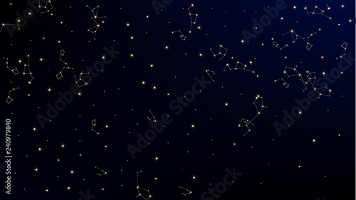 Constellation Map. Dark Blue Galaxy Pattern. Astronomical Print. Mystic Cosmic Sky with Many Stars.     Vector Zodiac Sky Background.