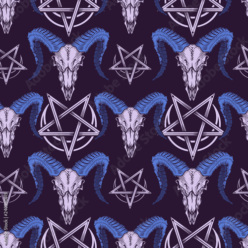 Vector seamless pattern with ram skulls and illustration of stylish pentagram in engraving technique.