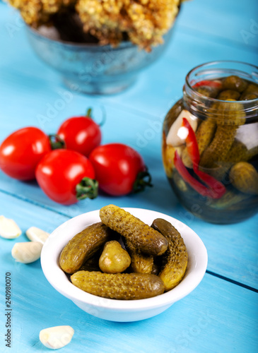 Pickled cucumbers, small marinated pickles, gherkins