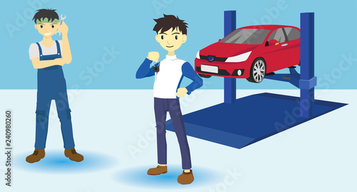 Customers trust the service vehicle sales and maintenance service center. With Lifting machine.