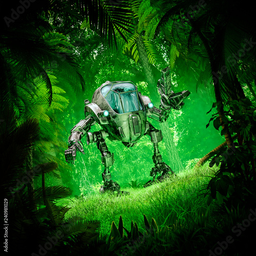 Tropical jungle mech robot / 3D illustration of science fiction scene with robot exploring lush green forest