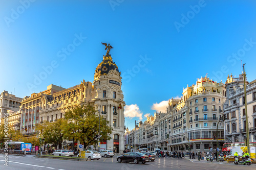 Madrid, Spain - Dec 4th 2017 - Cars and pedestrian in a busy area of Madrid downtown in Spain