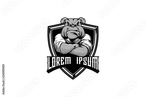 bulldog with martial arts kimono shield badge logo template