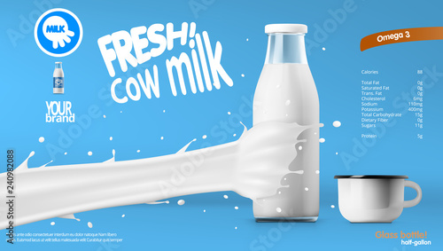 Realistic Transparent Clear Milk Bottle Advertising Template