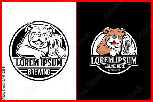 old school style animal cute bulldog cartoon character with beer vector badge logo template