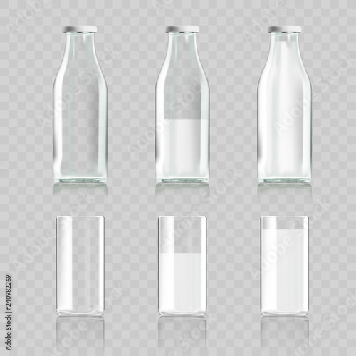 Realistic Transparent Clear Glass And Bottle Of Milk Isolated