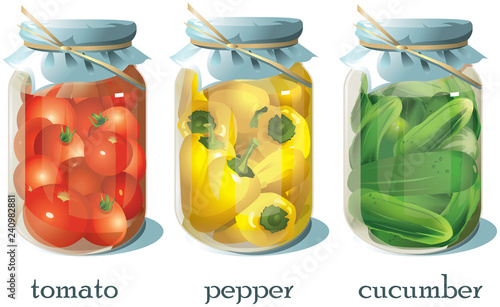 Set of transparent cans with vegetables.