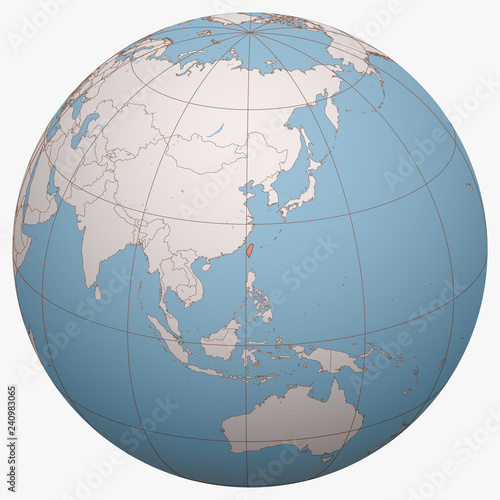 Taiwan on the globe. Earth hemisphere centered at the location of the Republic of China (ROC). Taiwan map.