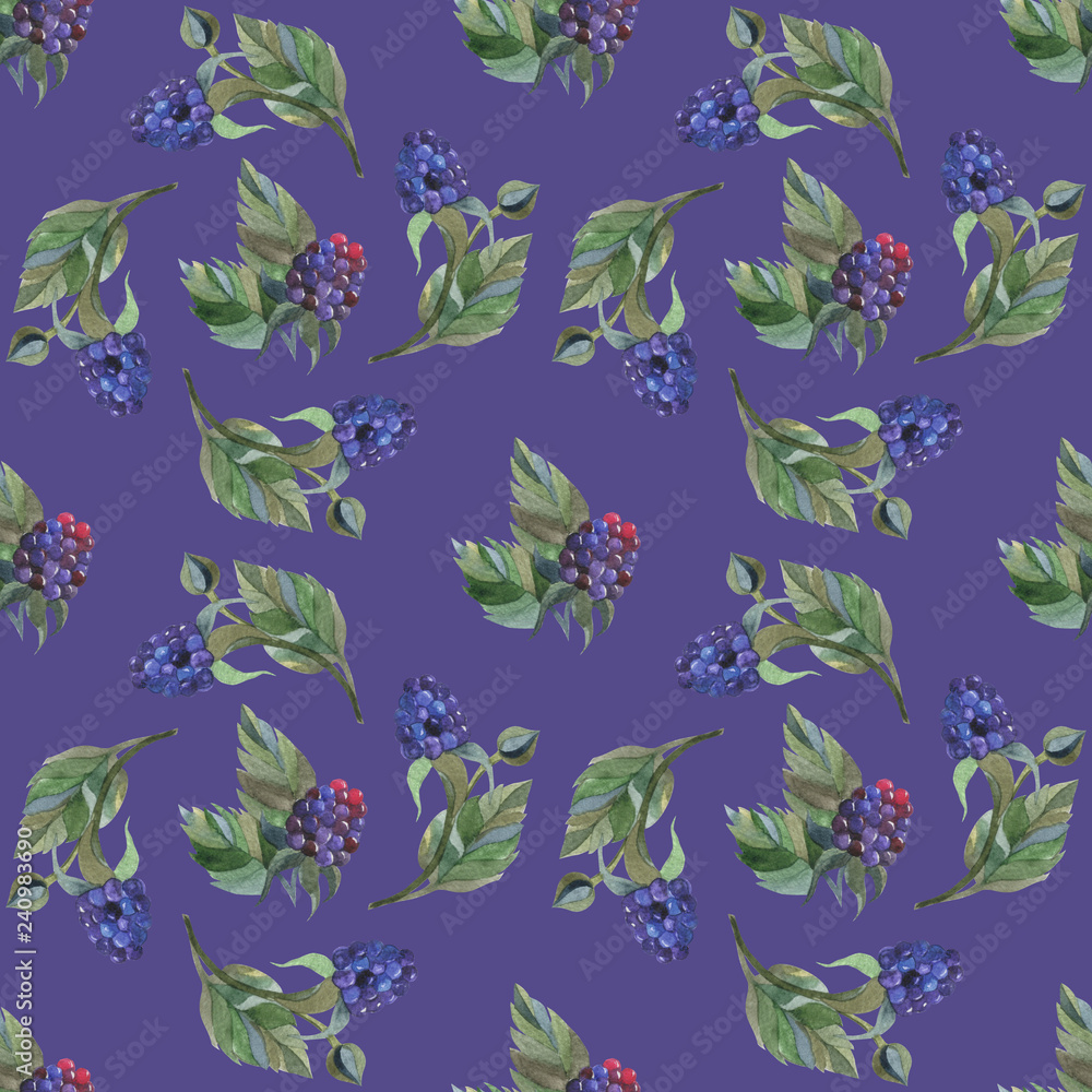 Fototapeta premium Floral pattern in watercolor style. Beautiful seamless pattern with blackberries, flowers and gentian. Can be used as a background template for Wallpaper, printing on fabrics.