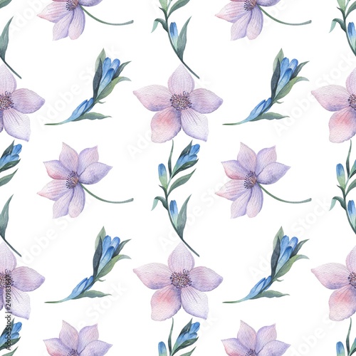 Floral pattern in watercolor style. Beautiful seamless pattern with blackberries  flowers and gentian. Can be used as a background template for Wallpaper  printing on fabrics.