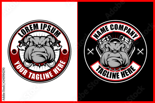 angry biker bulldog head cartoon character with wrench and V-twin engine vector logo template
