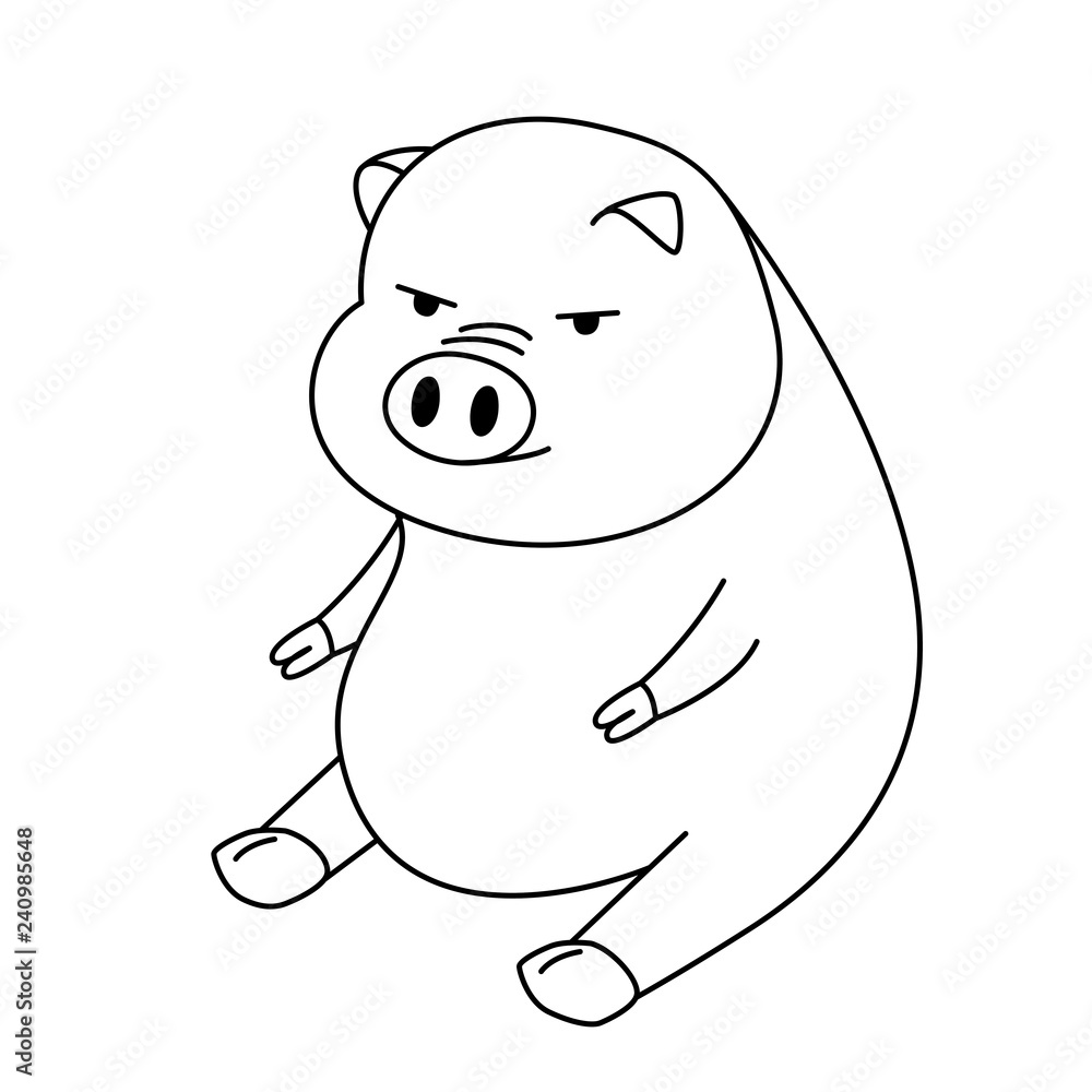 Vector pig cartoon character in sitting poses with line art style isolated on white background