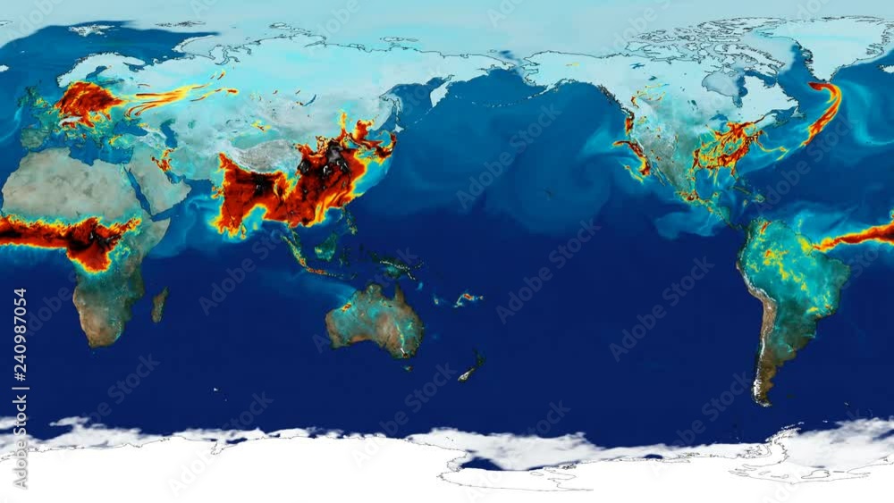 Time lapse animation simulated surface carbon monoxide concentration to study greenhouse effect. Equirectangular projection . Elements of this image furnished by NASA