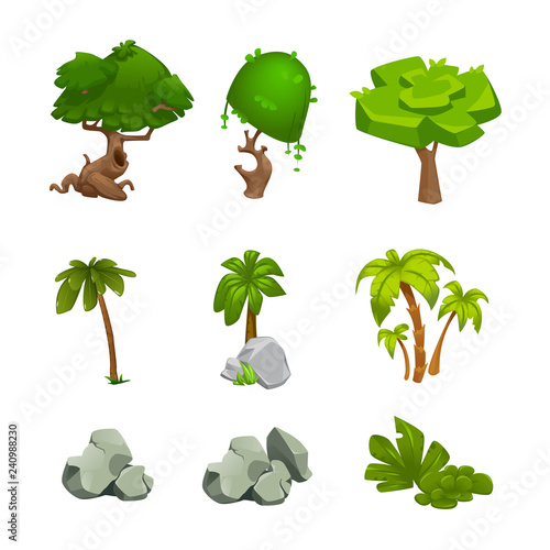 vector set of cartoon trees and stones