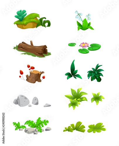 vector set of cartoon bushes stones grass stumps flower