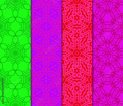 Green  red  purple color set of geometric seamless ornament. Vector illustration