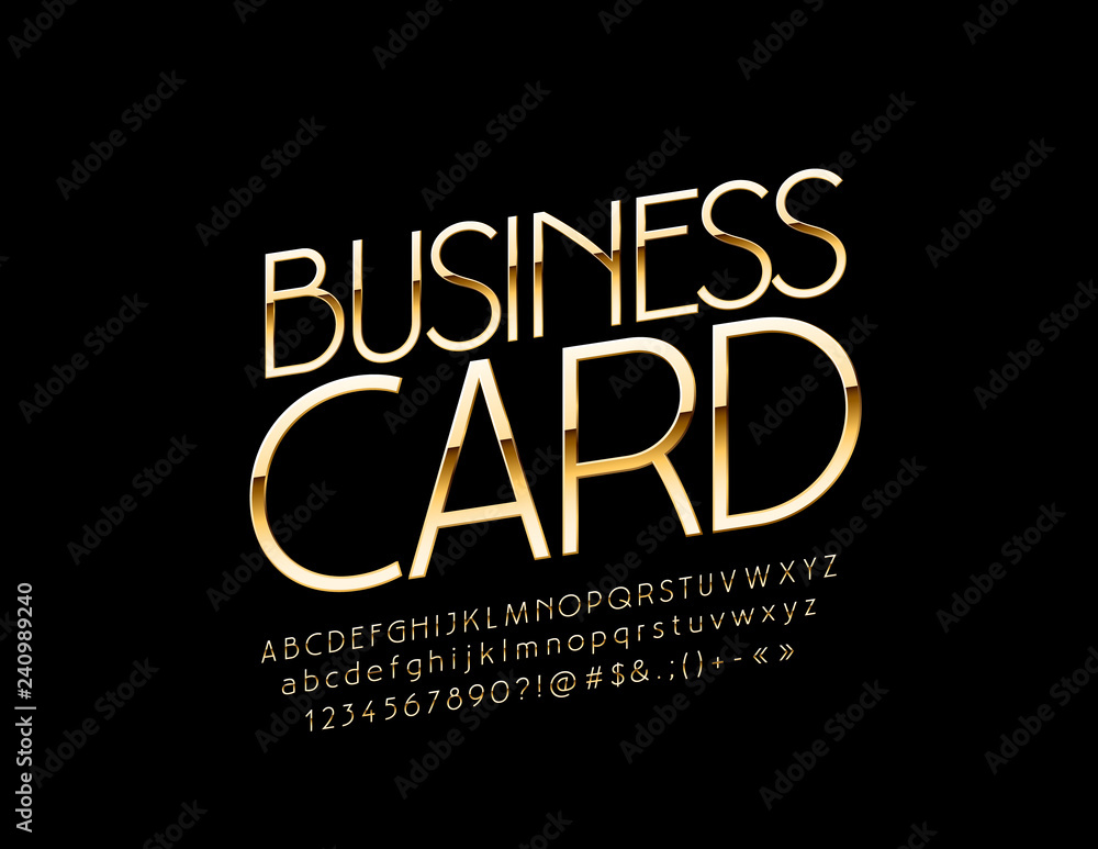 Vector Golden label Business Card. Luxury elegant Font. Thin rotated Alphabet Letters, Numbers and Symbols.