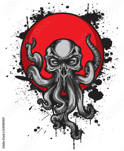 Cthulhu creature with skull head on red circle label with black ink splashes. Vector illustration in engraving technique for posters, t-shirt prints, tattoo, labels and stickers.
