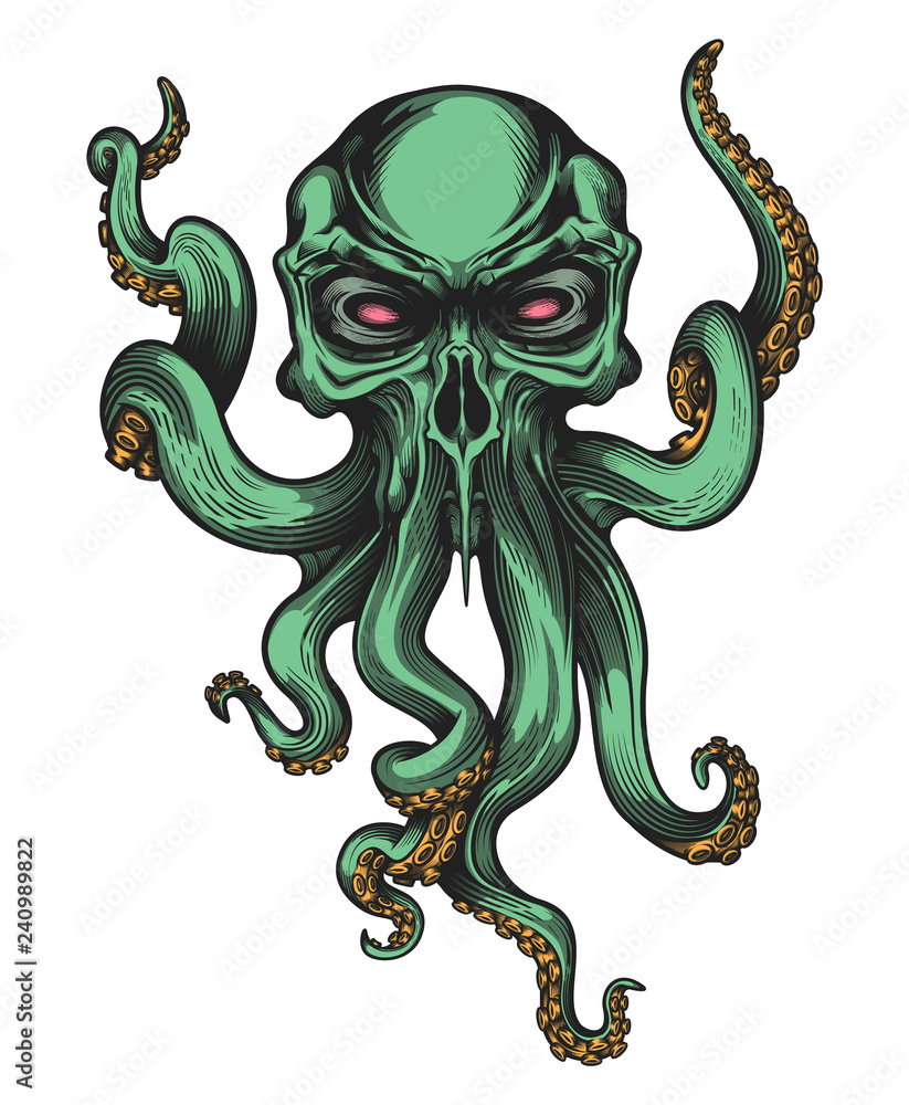 Fotografie Evil skull-octopus mascot in engraving technique