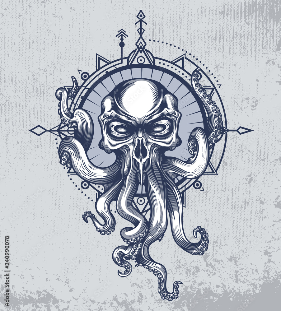 The Kraken creature with skull head on grunge background and wind