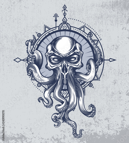 The Kraken creature with skull head on grunge background and wind rose in boho style. Vector illustration in engraving technique for posters, t-shirt prints, tattoo, labels and stickers.