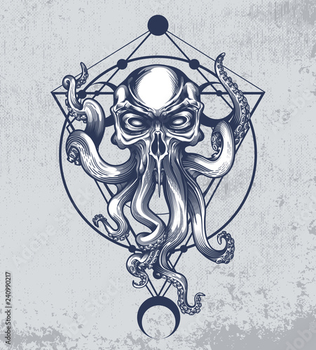 Cthulhu creature with skull head on grunge background and sacred geometry ornament. Vector illustration in engraving technique for posters, t-shirt prints, tattoo, labels and stickers. photo