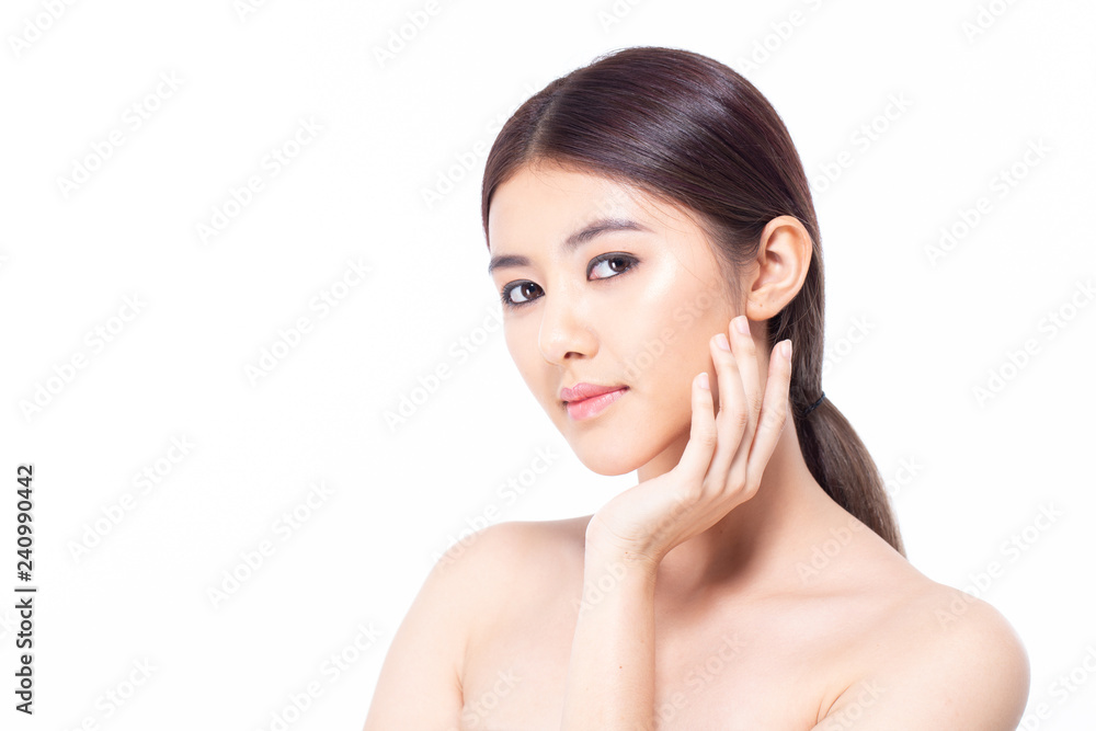 Beautiful Asian Woman Portrait. Beautiful Woman looking to camera. Korean Woman Touching her Face. People with Youth and Skin Care Concept. isolated on white background. Beautiful Asian Woman Portrait. Beautiful Woman looking to camera. Korean Woman Touching her Face. People with Youth and Skin Care Concept. isolated on white background.