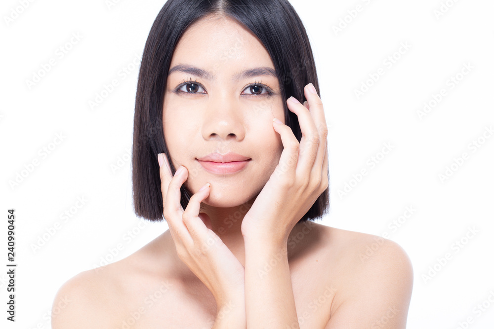 Beautiful Asian Woman Portrait. Beautiful Woman looking to camera. Korean Woman Touching her Face. People with Youth and Skin Care Concept. isolated on white background. Beautiful Asian Woman Portrait. Beautiful Woman looking to camera. Korean Woman Touching her Face. People with Youth and Skin Care Concept. isolated on white background.