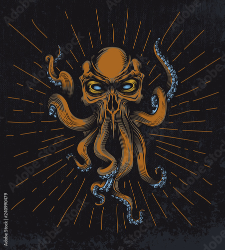 Fantasy squid creature with skull head on grunge background and star rays. Vector illustration in engraving technique for posters, t-shirt prints, tattoo, labels and stickers.