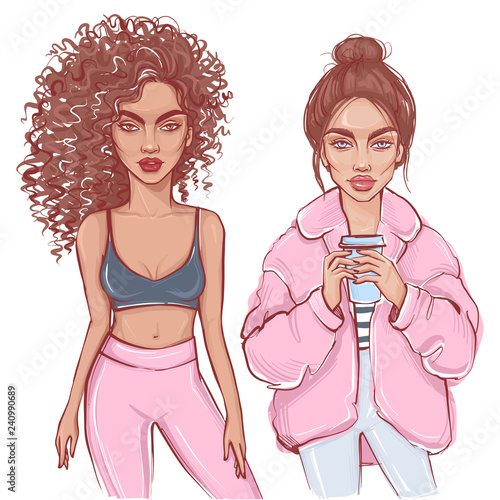 Stylish girl in fashion clothes. Hand drawn beautiful girl.