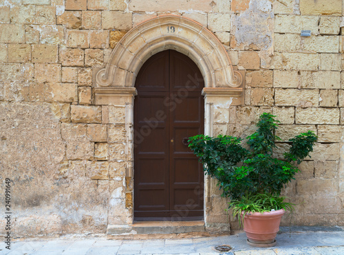 Brown wooden door of old house in Mdina, Malta