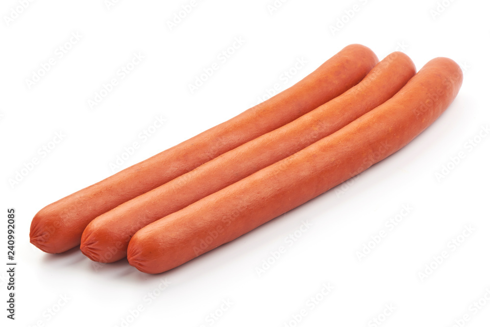 Thin Smoked Sausages, close-up, isolated on a white background Thin Smoked Sausages, close-up, isolated on a white background