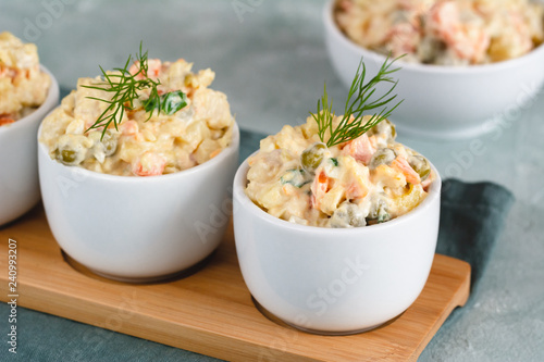 Traditional Polish salad with cooked vegetables and mayonnaise.
