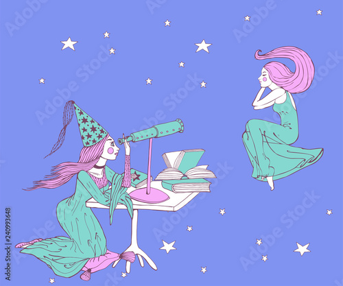 hand drawn stargazer astrologer girl with long hair and dress is looking to the telescope