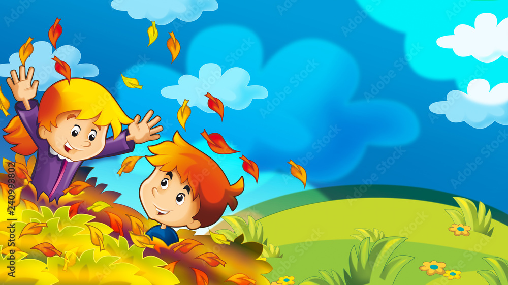 Fototapeta premium cartoon happy and funny scene with kids in the park having fun - illustration for children