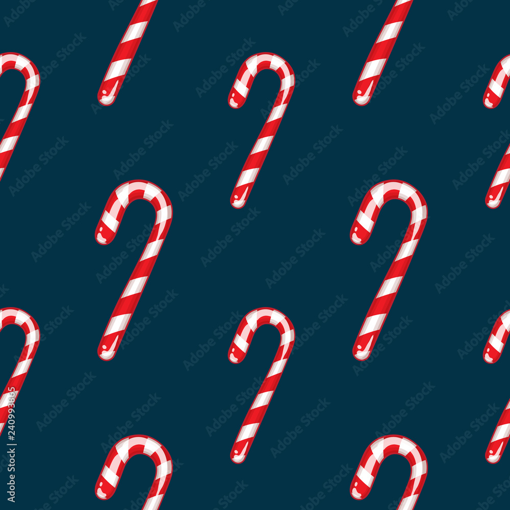 Seamless pattern of sweet Christmas candies. Vector illustration. Isolated on blue. 