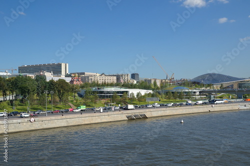 Moscow, Russia - August 24, 2018: Summer view of Moskvoretskaya embankment and Zaryadye natural landscape Park