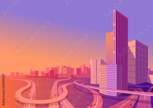 vector city landscape with skyscrapers and trails