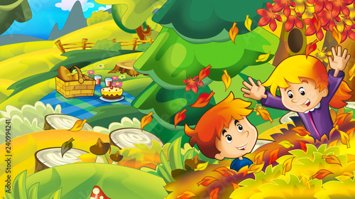 cartoon autumn nature background with girl and boy having fun with the leafs - illustration for children