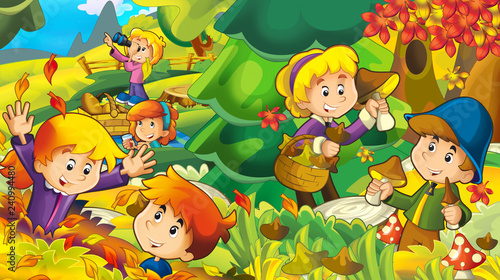 cartoon autumn nature background with girl and boy gathering mushrooms and other kids having fun - illustration for children