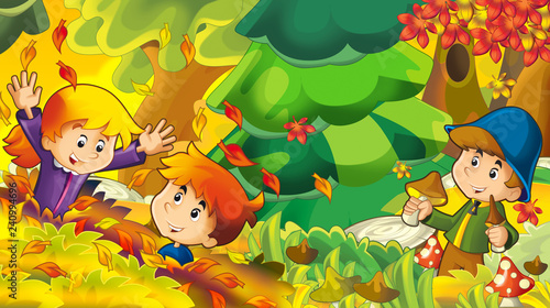 cartoon autumn nature background with boy gathering mushrooms and other kids having fun - illustration for children